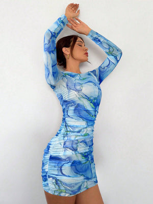 Women's New Romantic Date Night Ombre Print Mesh Bodycon Long Sleeve Mini Dress - Negative Apparel