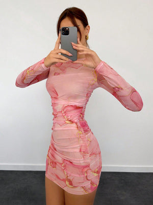 Women's New Romantic Date Night Ombre Print Mesh Bodycon Long Sleeve Mini Dress - Negative Apparel