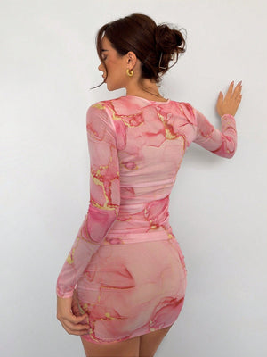 Women's New Romantic Date Night Ombre Print Mesh Bodycon Long Sleeve Mini Dress - Negative Apparel