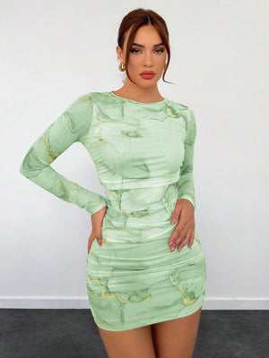 Women's New Romantic Date Night Ombre Print Mesh Bodycon Long Sleeve Mini Dress - Negative Apparel