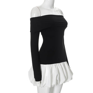 Women's new style one - shoulder off - shoulder long - sleeved splicing flower bud skirt dress - Negative Apparel