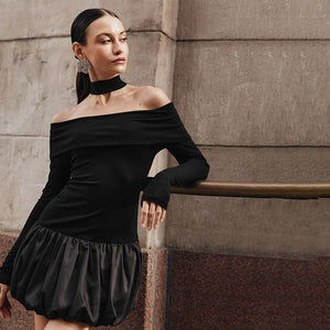 Women's new style one - shoulder off - shoulder long - sleeved splicing flower bud skirt dress - Negative Apparel