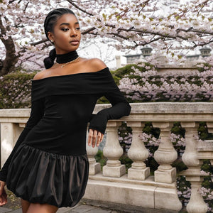 Women's new style one - shoulder off - shoulder long - sleeved splicing flower bud skirt dress - Negative Apparel