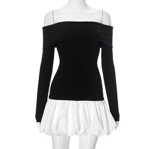 Women's new style one - shoulder off - shoulder long - sleeved splicing flower bud skirt dress - Negative Apparel