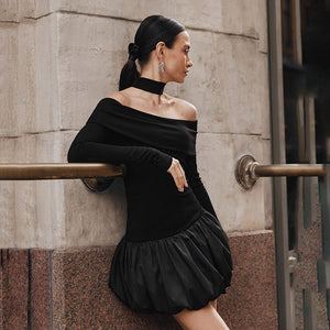 Women's new style one - shoulder off - shoulder long - sleeved splicing flower bud skirt dress - Negative Apparel