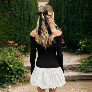 Women's new style one - shoulder off - shoulder long - sleeved splicing flower bud skirt dress - Negative Apparel