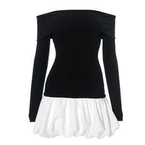 Women's new style one - shoulder off - shoulder long - sleeved splicing flower bud skirt dress - Negative Apparel