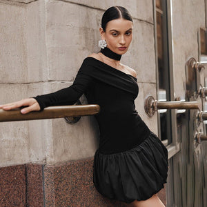 Women's new style one - shoulder off - shoulder long - sleeved splicing flower bud skirt dress - Negative Apparel