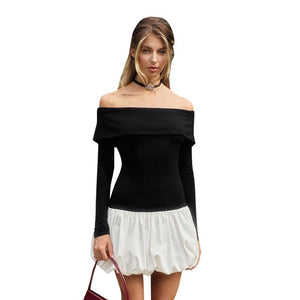 Women's new style one - shoulder off - shoulder long - sleeved splicing flower bud skirt dress - Negative Apparel