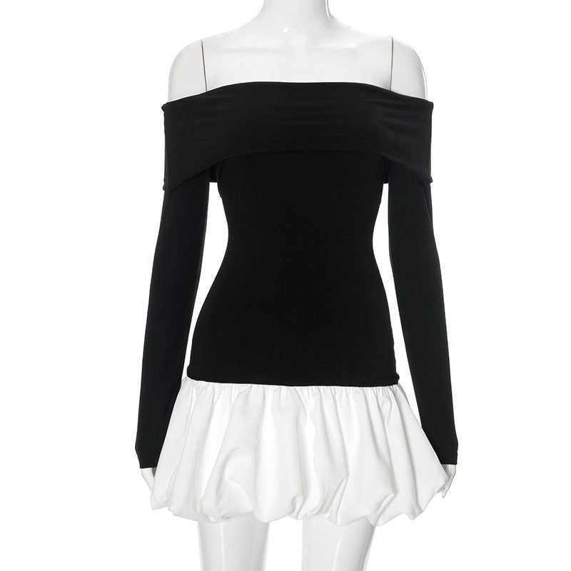 Women's new style one - shoulder off - shoulder long - sleeved splicing flower bud skirt dress - Negative Apparel