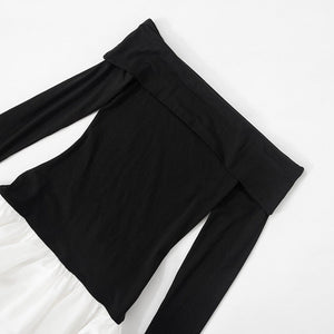 Women's new style one - shoulder off - shoulder long - sleeved splicing flower bud skirt dress - Negative Apparel