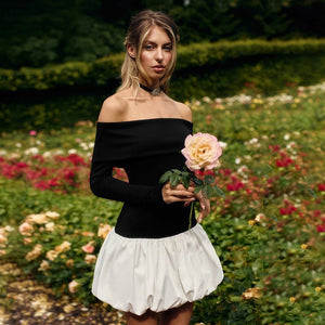 Women's new style one - shoulder off - shoulder long - sleeved splicing flower bud skirt dress - Negative Apparel