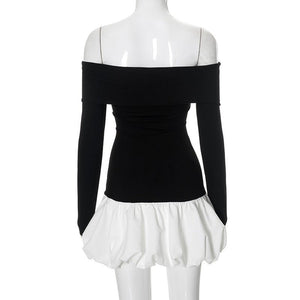 Women's new style one - shoulder off - shoulder long - sleeved splicing flower bud skirt dress - Negative Apparel