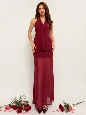 Women's New Vintage Wine Red Romantic Valentine's Day/Chinese New Year Outfit, Cross Strap Vest And Patchwork Skirt 2 - Piece Set - Negative Apparel