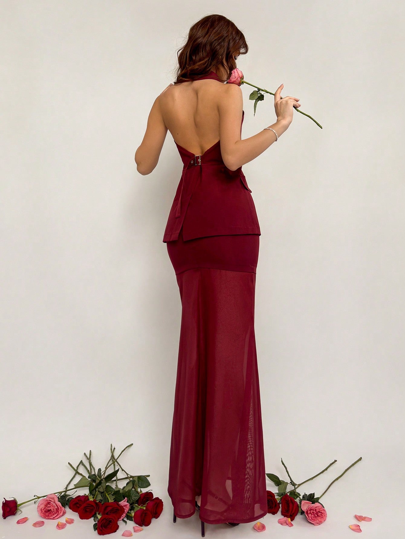 Women's New Vintage Wine Red Romantic Valentine's Day/Chinese New Year Outfit, Cross Strap Vest And Patchwork Skirt 2 - Piece Set - Negative Apparel