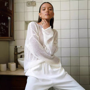 Women’s Off Shoulder Bell Sleeve Sweater – Loose Fit Summer Pullover, Lightweight Knit Top, Casual Streetwear - Negative Apparel