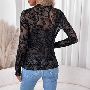 Women's paisley flocking printing mesh fungus edge long - sleeved T-shirt top - Negative Apparel