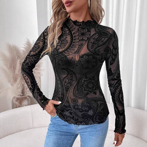 Women's paisley flocking printing mesh fungus edge long - sleeved T-shirt top - Negative Apparel