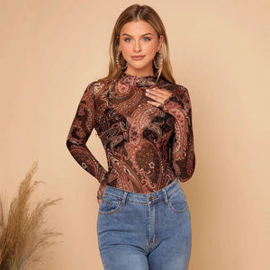 Women's paisley printed stand - up collar mesh long - sleeved T-shirt top - Negative Apparel