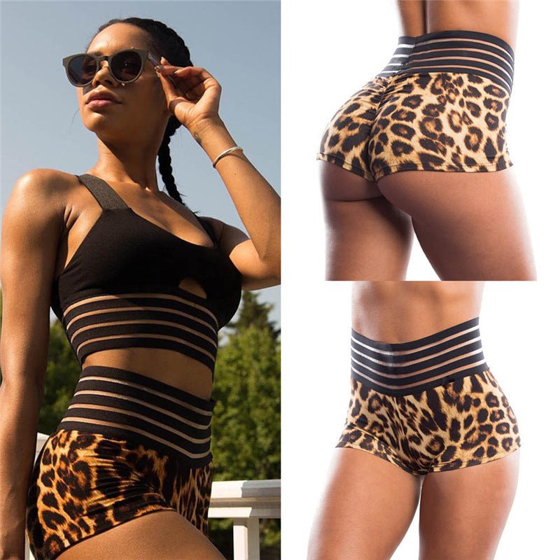 Women's pants leopard print splicing stripes elastic belt waist hip shorts - Negative Apparel