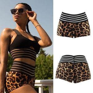 Women's pants leopard print splicing stripes elastic belt waist hip shorts - Negative Apparel