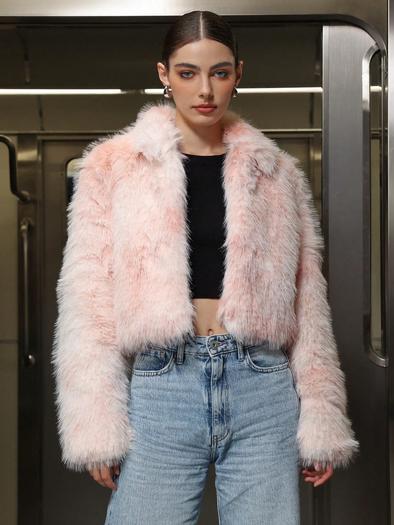 Women’s Pink Faux Fur Jacket with Zipper & Stand Collar - Negative Apparel
