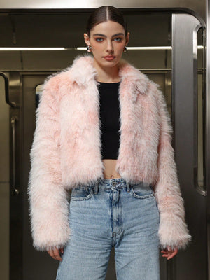 Women’s Pink Faux Fur Jacket with Zipper & Stand Collar - Negative Apparel