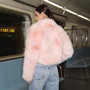 Women’s Pink Faux Fur Jacket with Zipper & Stand Collar - Negative Apparel