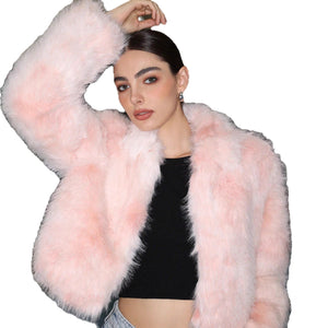Women’s Pink Faux Fur Jacket with Zipper & Stand Collar - Negative Apparel