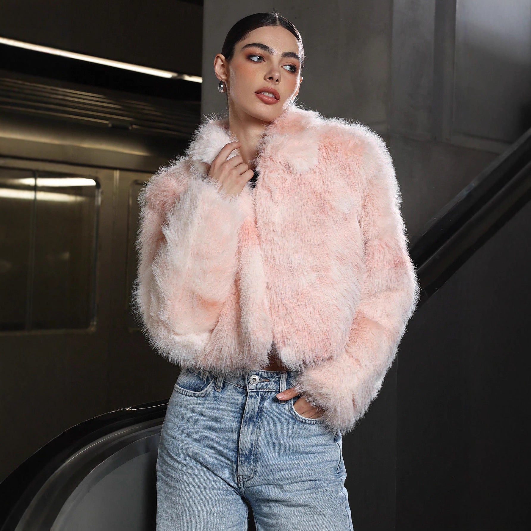 Women’s Pink Faux Fur Jacket with Zipper & Stand Collar - Negative Apparel