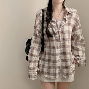 Women’s Plaid Button - Up Shirt – Long Sleeve Polo Collar Blouse | Elegant Urban Commuter Style - Negative Apparel