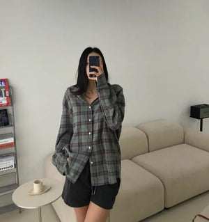 Women’s Plaid Button - Up Shirt – Long Sleeve Polo Collar Blouse | Elegant Urban Commuter Style - Negative Apparel