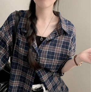 Women’s Plaid Button - Up Shirt – Long Sleeve Polo Collar Blouse | Elegant Urban Commuter Style - Negative Apparel