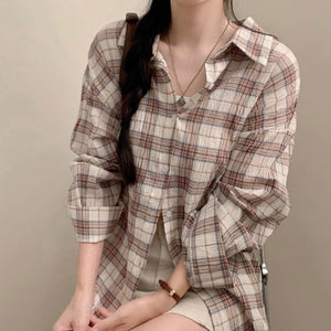 Women’s Plaid Button - Up Shirt – Long Sleeve Polo Collar Blouse | Elegant Urban Commuter Style - Negative Apparel