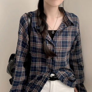 Women’s Plaid Button - Up Shirt – Long Sleeve Polo Collar Blouse | Elegant Urban Commuter Style - Negative Apparel