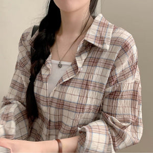 Women’s Plaid Button - Up Shirt – Long Sleeve Polo Collar Blouse | Elegant Urban Commuter Style - Negative Apparel