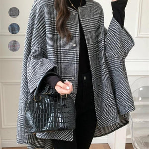 Women’s Plaid Wool Jacket – Long Thick Winter Coat | Elegant Commuter Style Outerwear - Negative Apparel