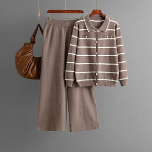 Women's Polo collar striped knitted single - breasted sweater + casual wide - leg pants two - piece - Negative Apparel