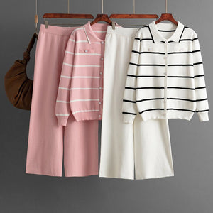 Women's Polo collar striped knitted single - breasted sweater + casual wide - leg pants two - piece - Negative Apparel