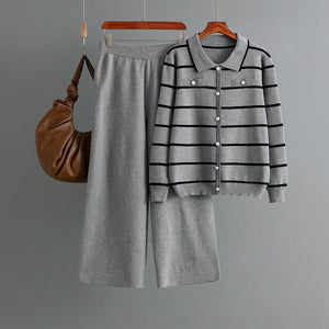 Women's Polo collar striped knitted single - breasted sweater + casual wide - leg pants two - piece - Negative Apparel