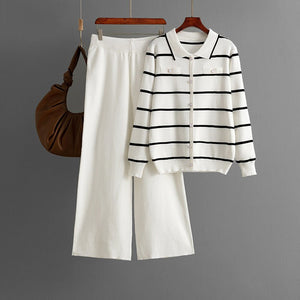 Women's Polo collar striped knitted single - breasted sweater + casual wide - leg pants two - piece - Negative Apparel