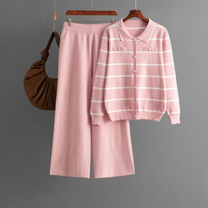 Women's Polo collar striped knitted single - breasted sweater + casual wide - leg pants two - piece - Negative Apparel