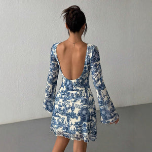 Women's printed horn sleeve backless mesh dress - Negative Apparel