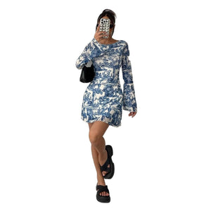 Women's printed horn sleeve backless mesh dress - Negative Apparel
