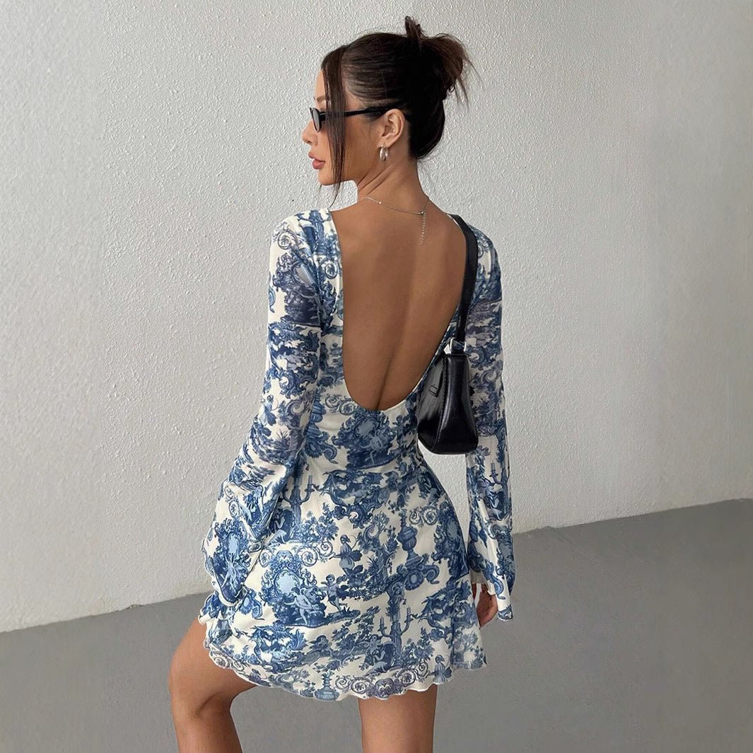 Women's printed horn sleeve backless mesh dress - Negative Apparel