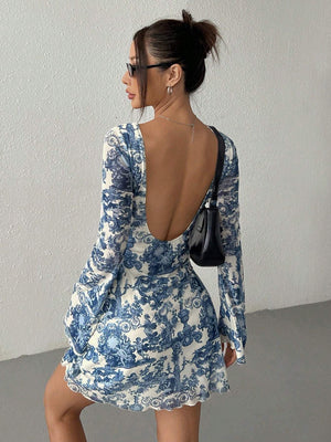 Women's printed horn sleeve backless mesh dress - Negative Apparel