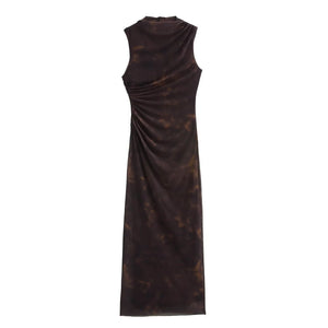 Women's Printed Pleated A - Line Maxi Dress - Sleeveless Crew Neck - Negative Apparel