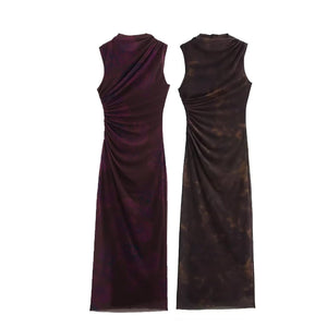 Women's Printed Pleated A - Line Maxi Dress - Sleeveless Crew Neck - Negative Apparel