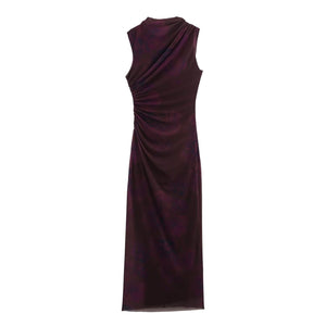 Women's Printed Pleated A - Line Maxi Dress - Sleeveless Crew Neck - Negative Apparel
