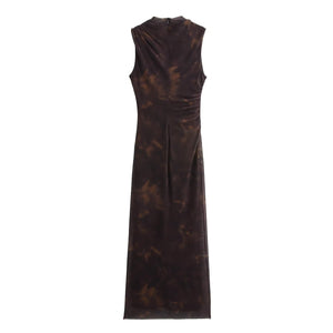 Women's Printed Pleated A - Line Maxi Dress - Sleeveless Crew Neck - Negative Apparel